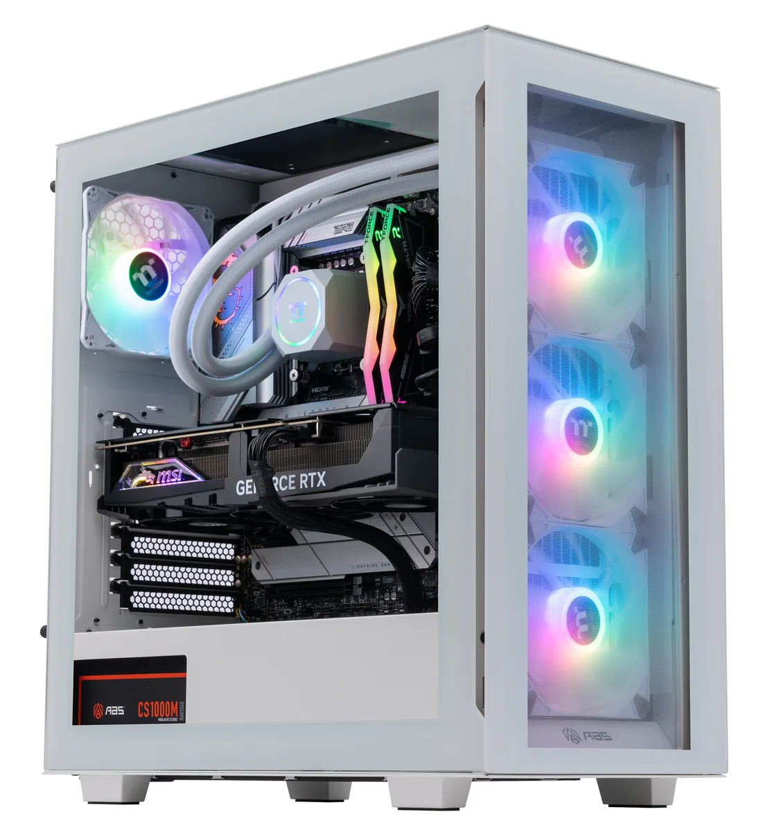 White mid-tower gaming PC with RGB liquid cooling visible through glass side panel