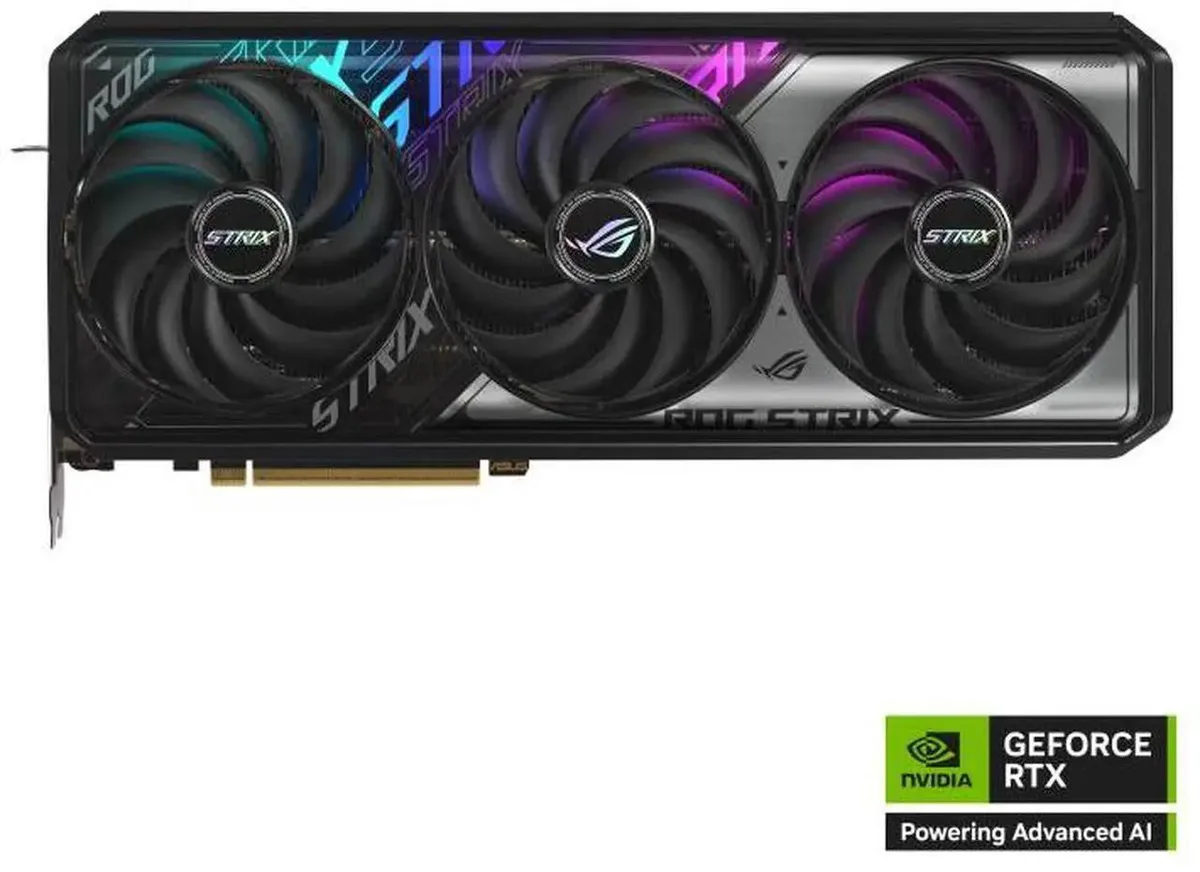ASUS ROG Strix GeForce RTX 5070 Ti graphics card, triple-fan cooler with metallic shroud and illuminated ROG logo
