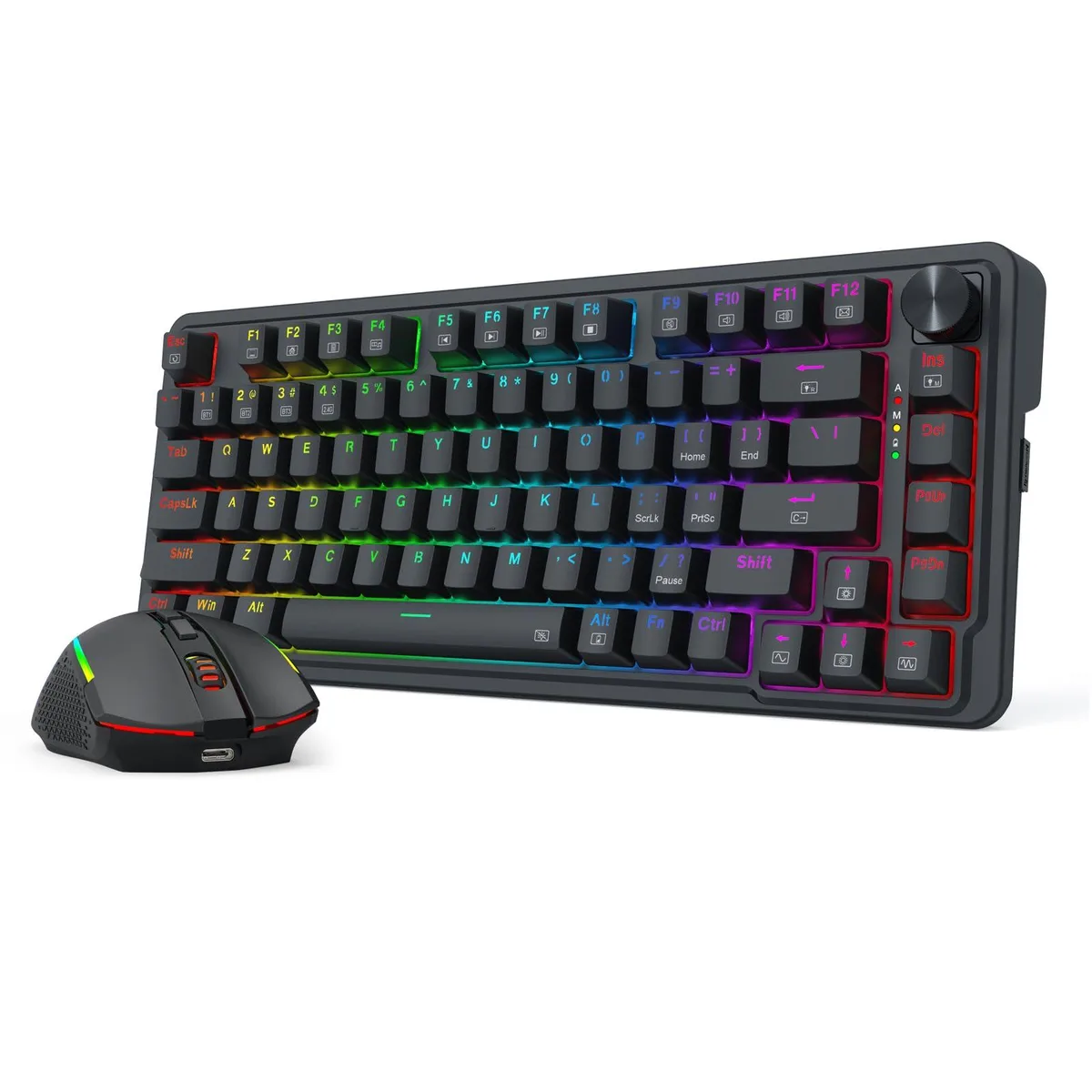 Compact 75% black keyboard with volume knob and matching wireless mouse side by side