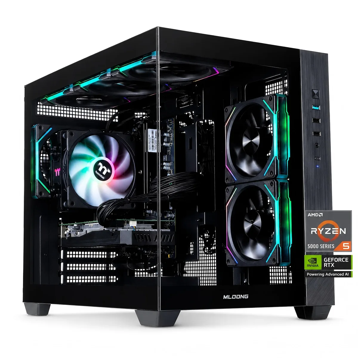 Black mid-tower gaming desktop with seven ARGB fans visible behind a glass side panel