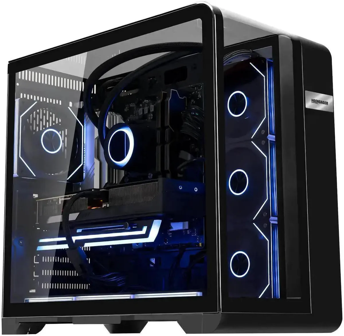 Black mid-tower gaming desktop with 360 mm liquid cooler and ARGB lighting