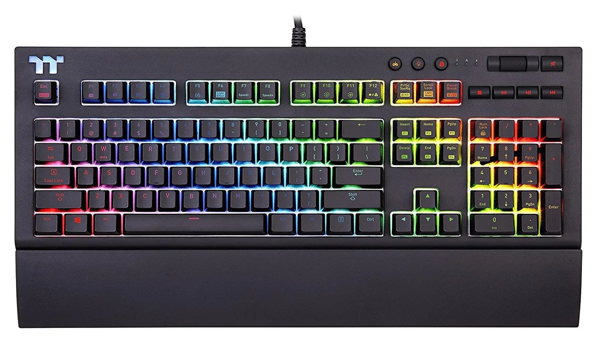 Black mechanical gaming keyboard with detachable magnetic wrist rest and RGB backlighting