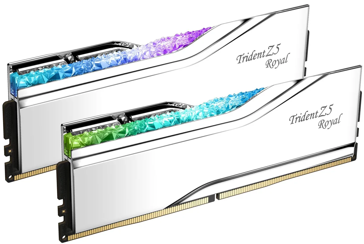 Two silver DDR5 DIMMs with mirrored heatspreaders and crystalline RGB light bars
