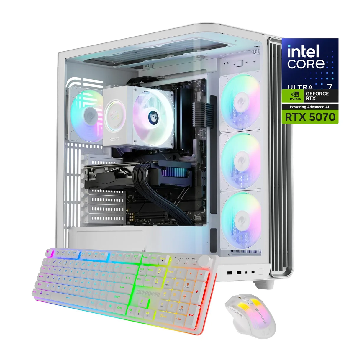 White mid-tower gaming desktop with RGB fans and included keyboard mouse