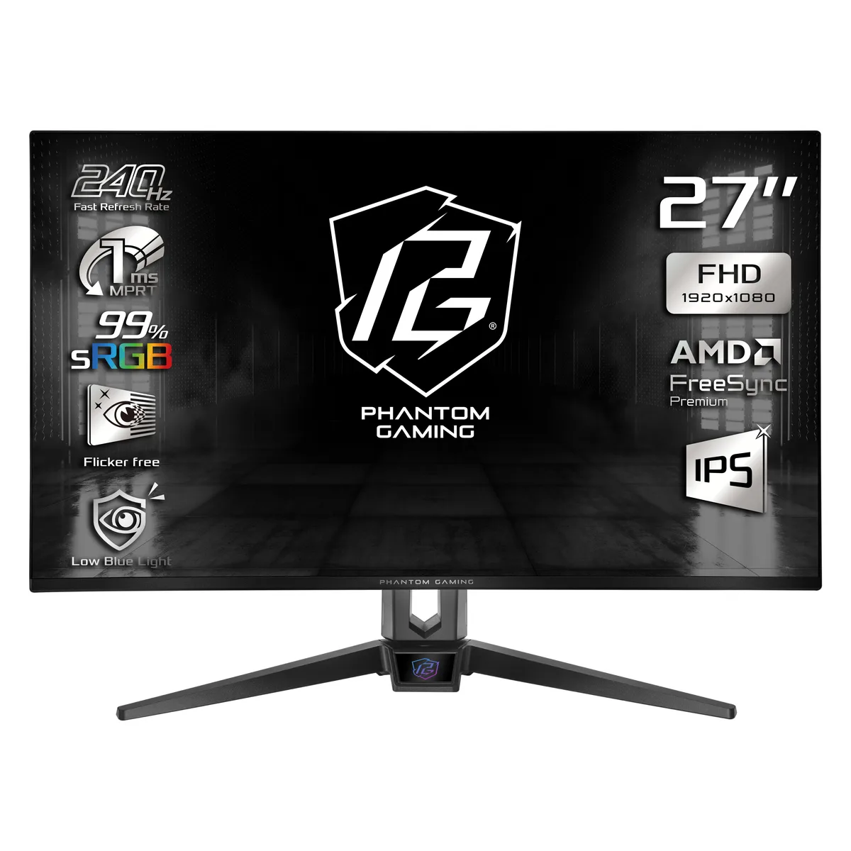 Black 27-inch flat gaming monitor with three-sided thin bezels and anti-glare IPS panel