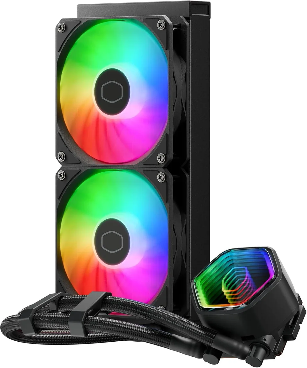Black 240 mm radiator with two 120 mm ARGB fans and infinity mirror pump block