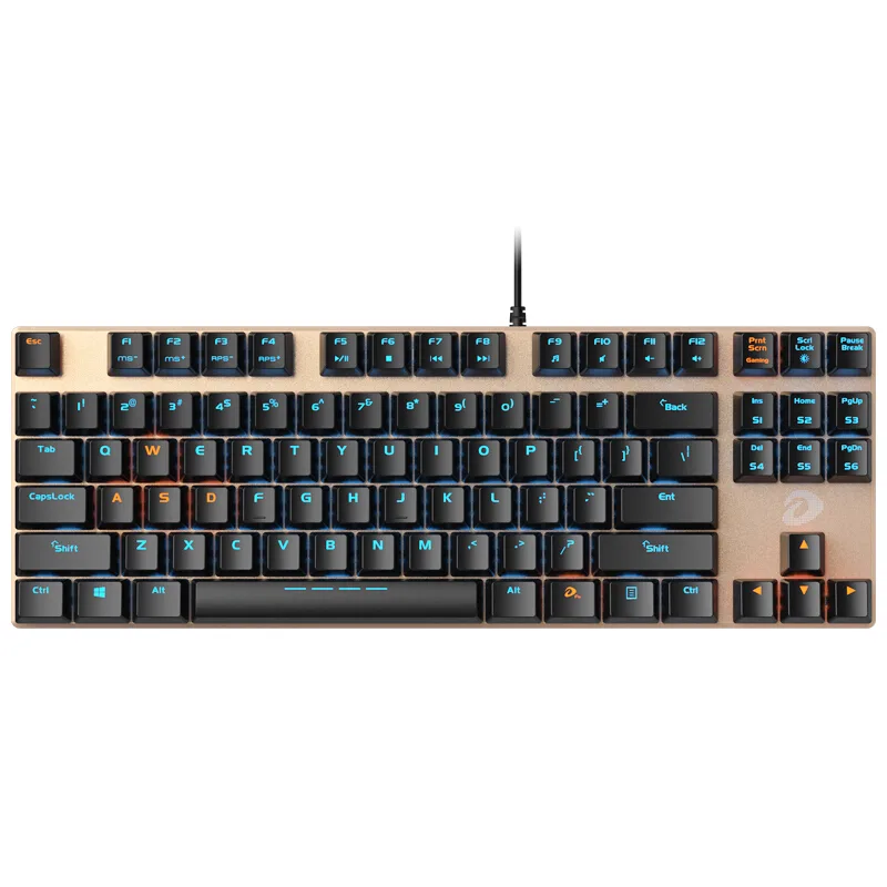 Compact 87-key mechanical keyboard with gold aluminium top cover and black double-shot keycaps