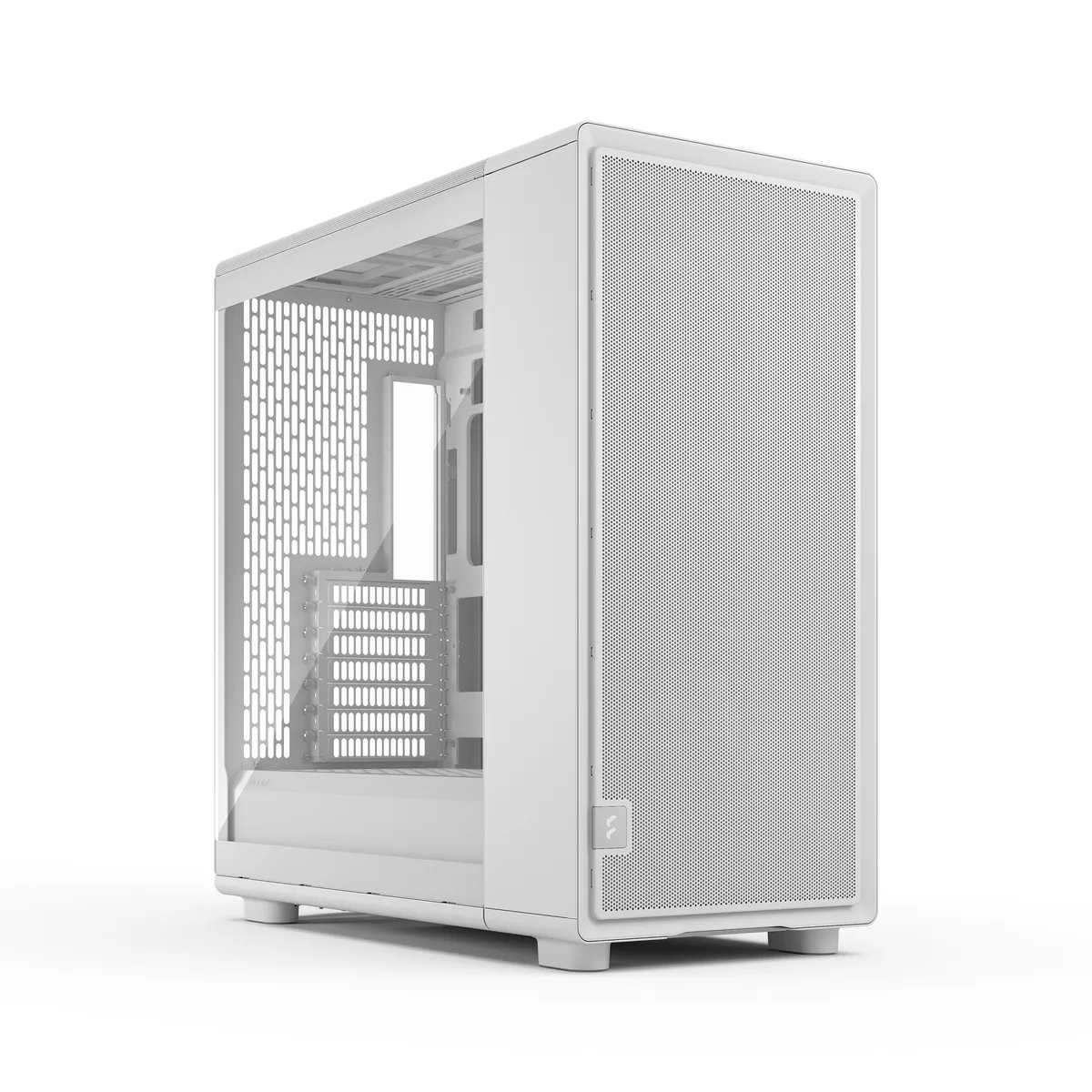 White mid-tower PC case with tempered glass side panel and mesh front panel, three 140 mm fans visible behind the mesh