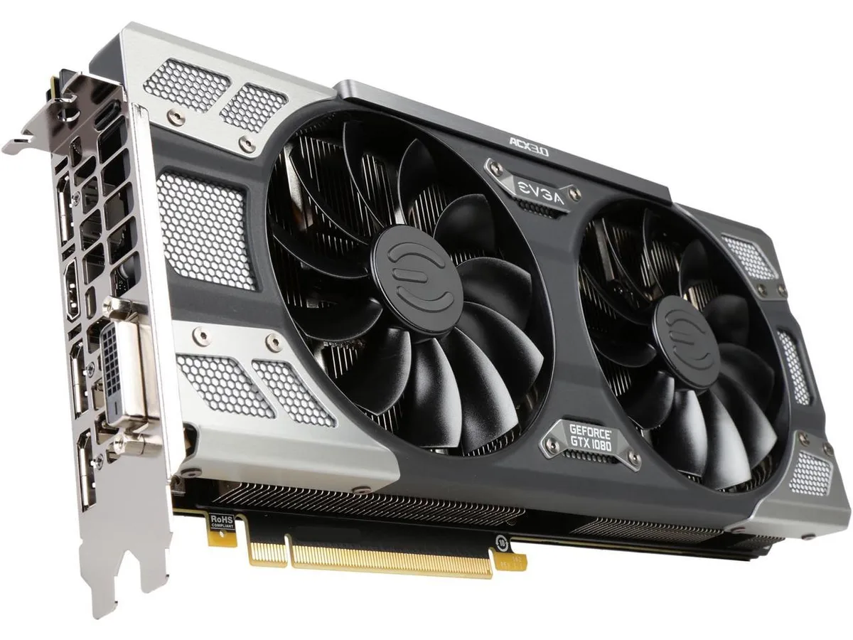 EVGA GeForce GTX 1080 FTW graphics card with silver and black triple-fan cooler and RGB LED lighting