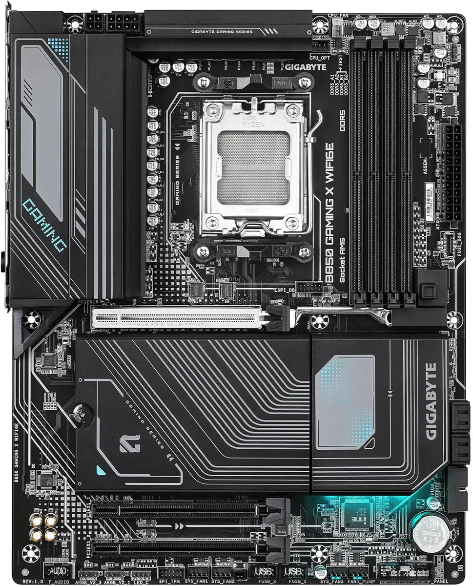 Rectangular ATX motherboard, dark PCB with silver heatsinks, CPU socket and four DDR5 slots visible