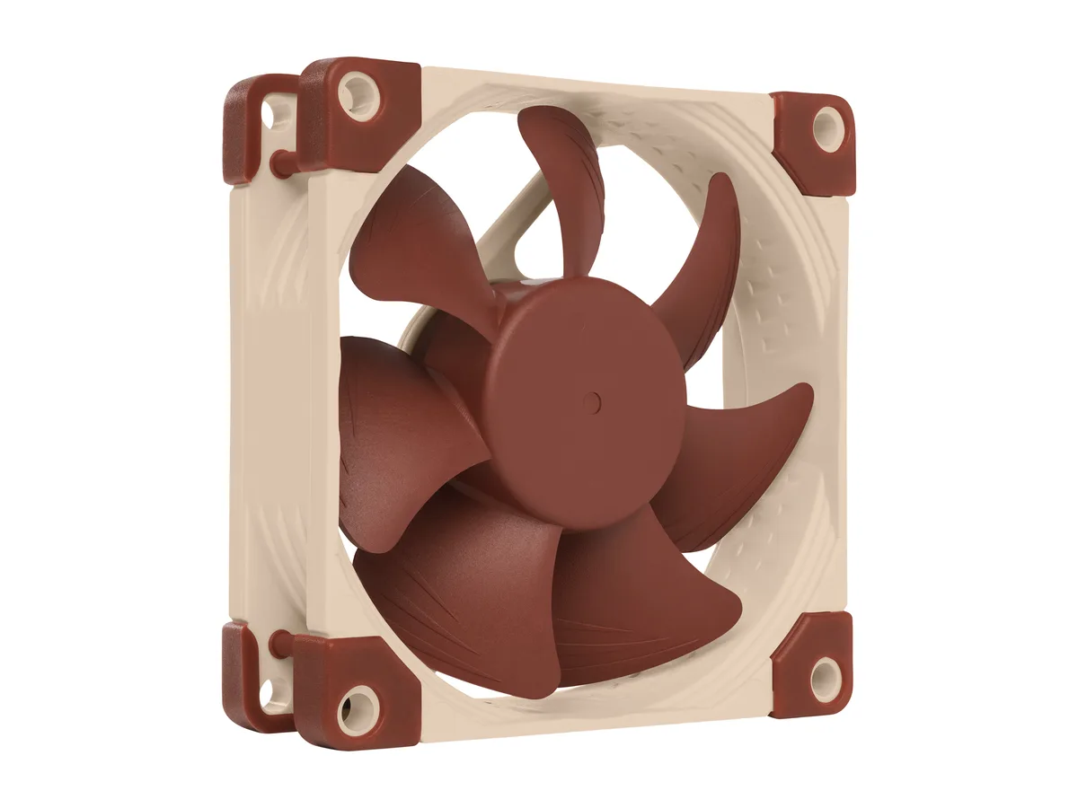 Brown 80mm square case fan with 25mm depth and nine blades visible from front