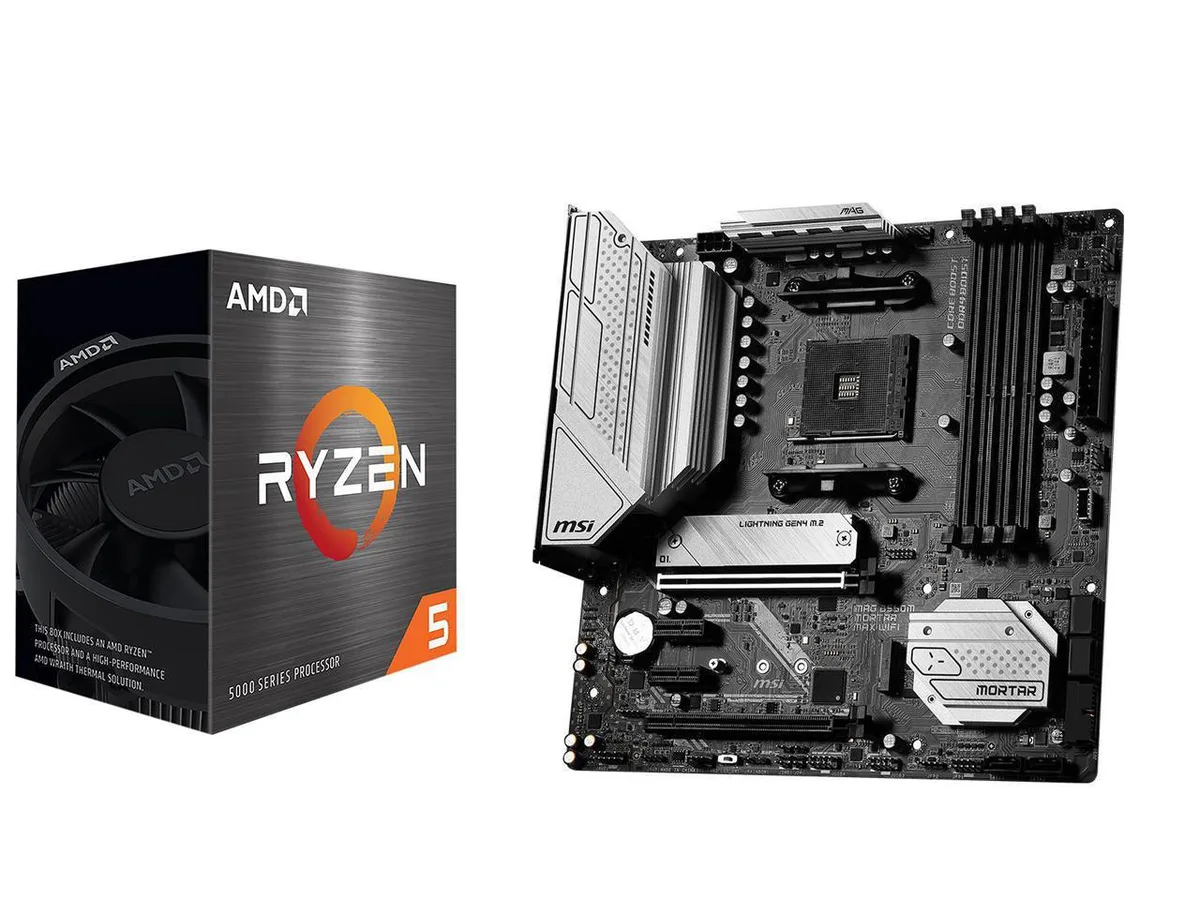 Micro ATX board with black heatsinks and silver accents, bundled with Ryzen 5 5500 CPU