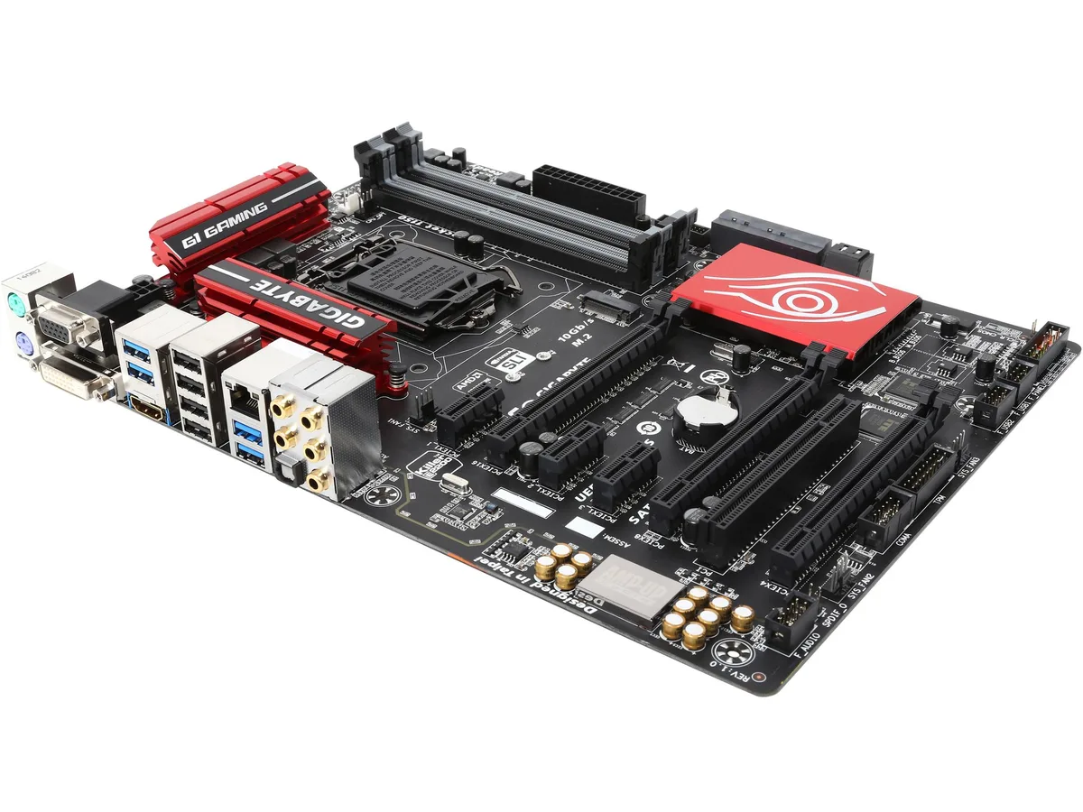 Black ATX motherboard with grey sockets and gold accents
