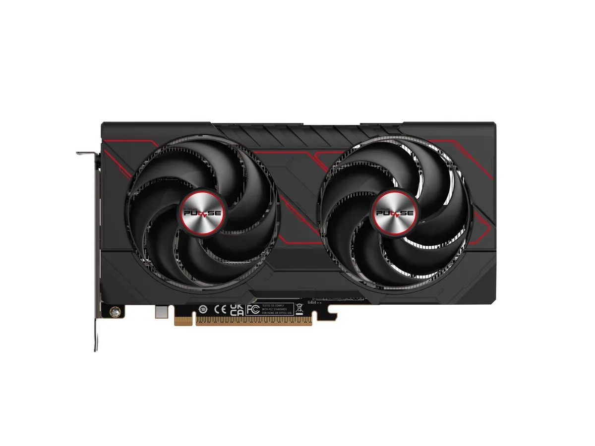 Black dual-fan graphics card, 240 mm long, 2.3 slots thick