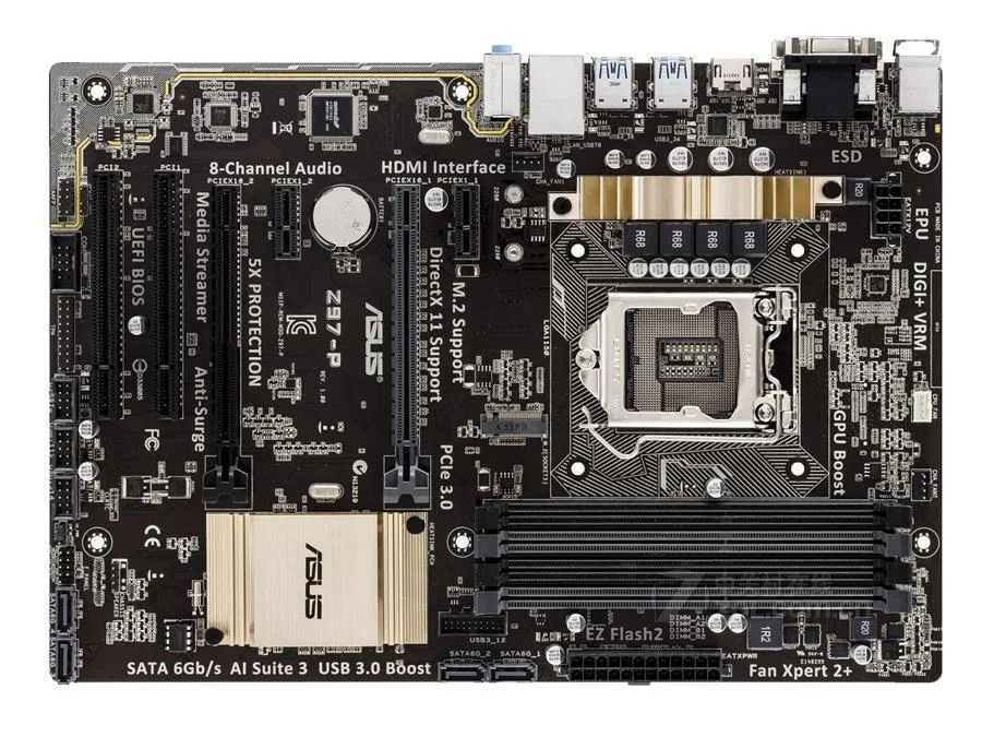 ATX motherboard with LGA 1150 socket DDR3 slots and SATA ports