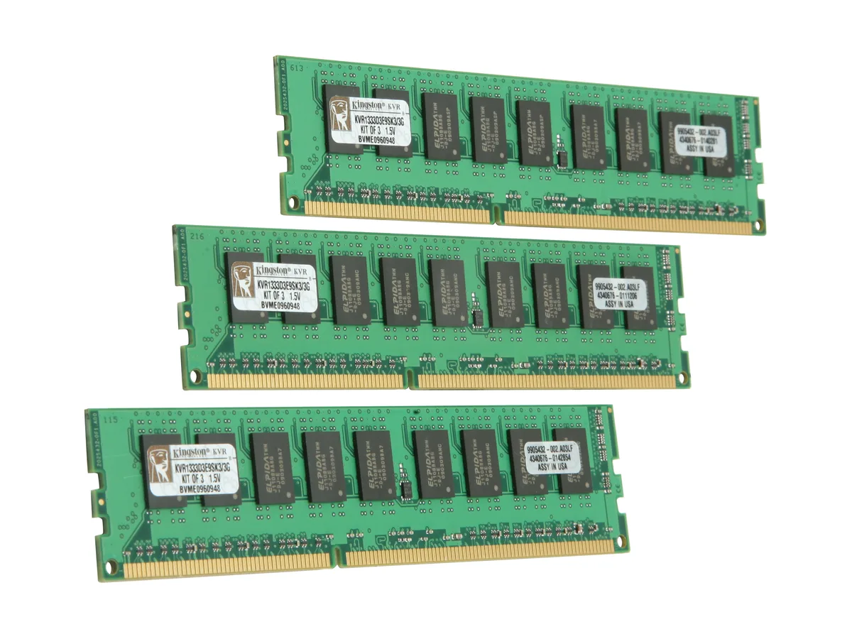 Three green DDR3 sticks with black chips and gold contacts