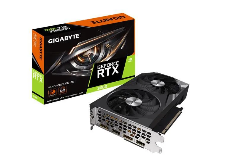 Dual-fan graphics card, matte black shroud, compact 20cm length