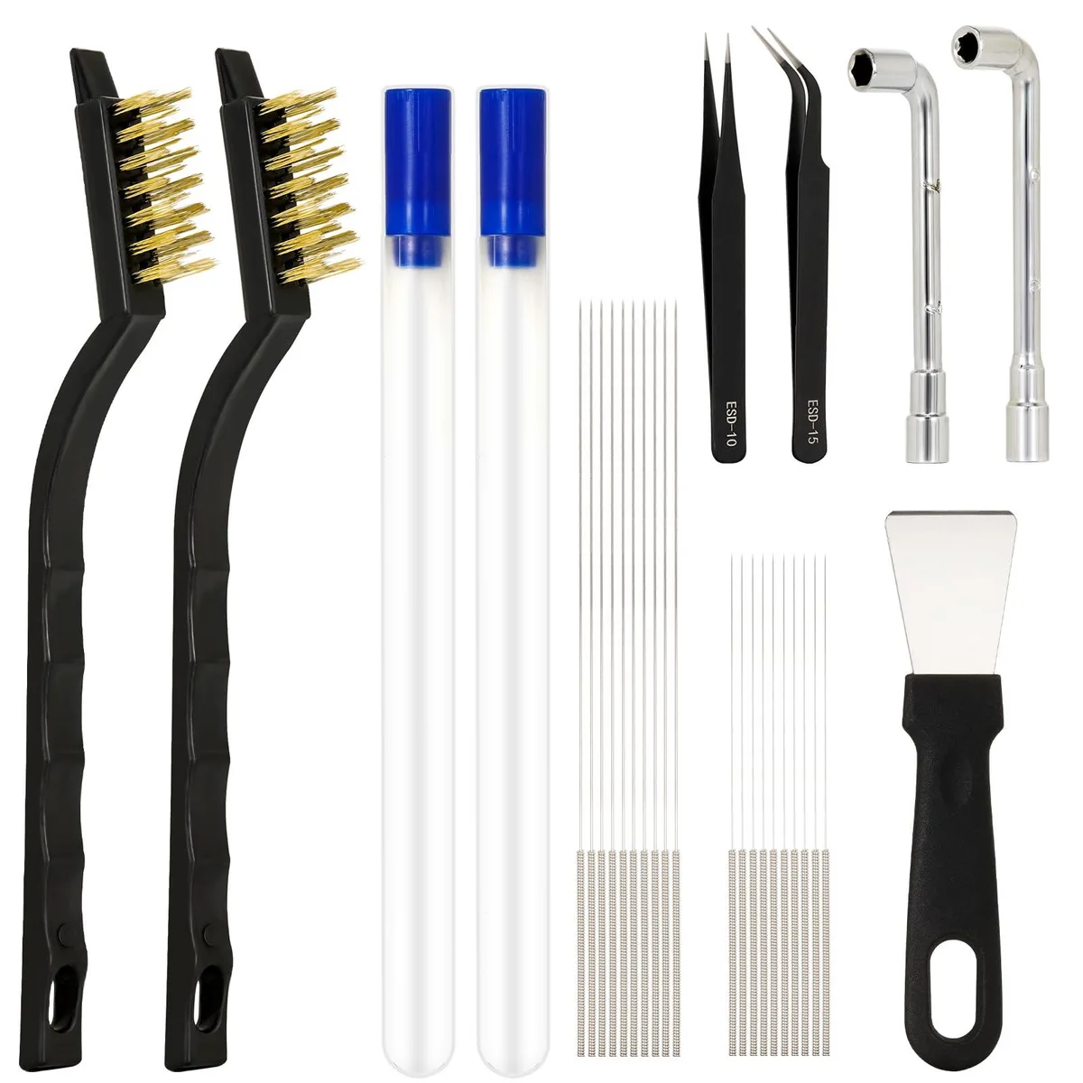 29-piece 3D printer nozzle cleaning kit in clear toolbox with needles, brushes, tweezers, wrenches, spatula