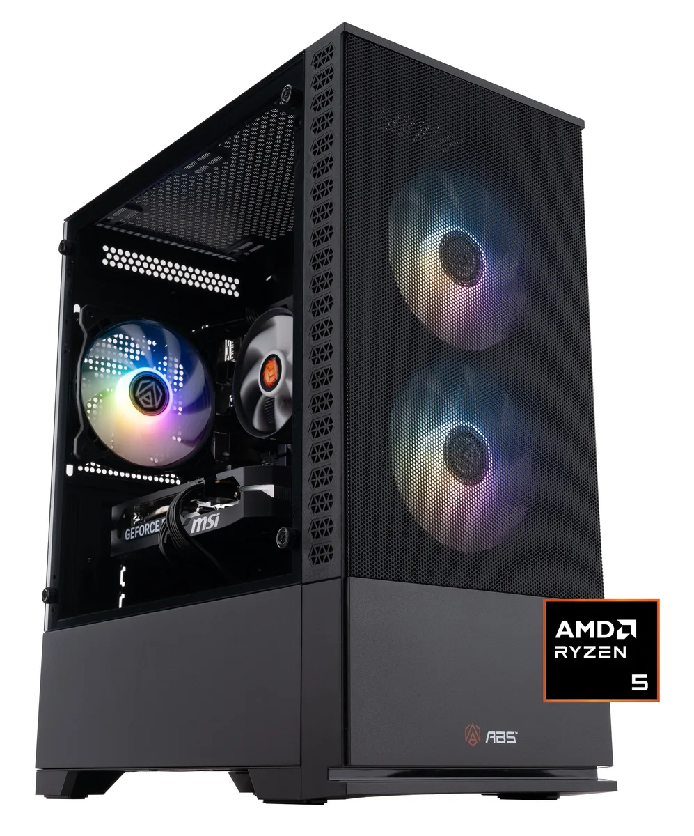 Mid-tower gaming desktop in black case with RGB lighting visible through side panel