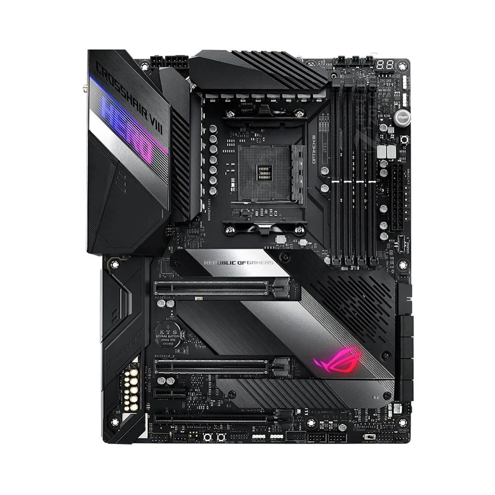 Black ATX motherboard with silver heatsinks, four DDR4 slots, multiple PCIe slots and rear I/O shield