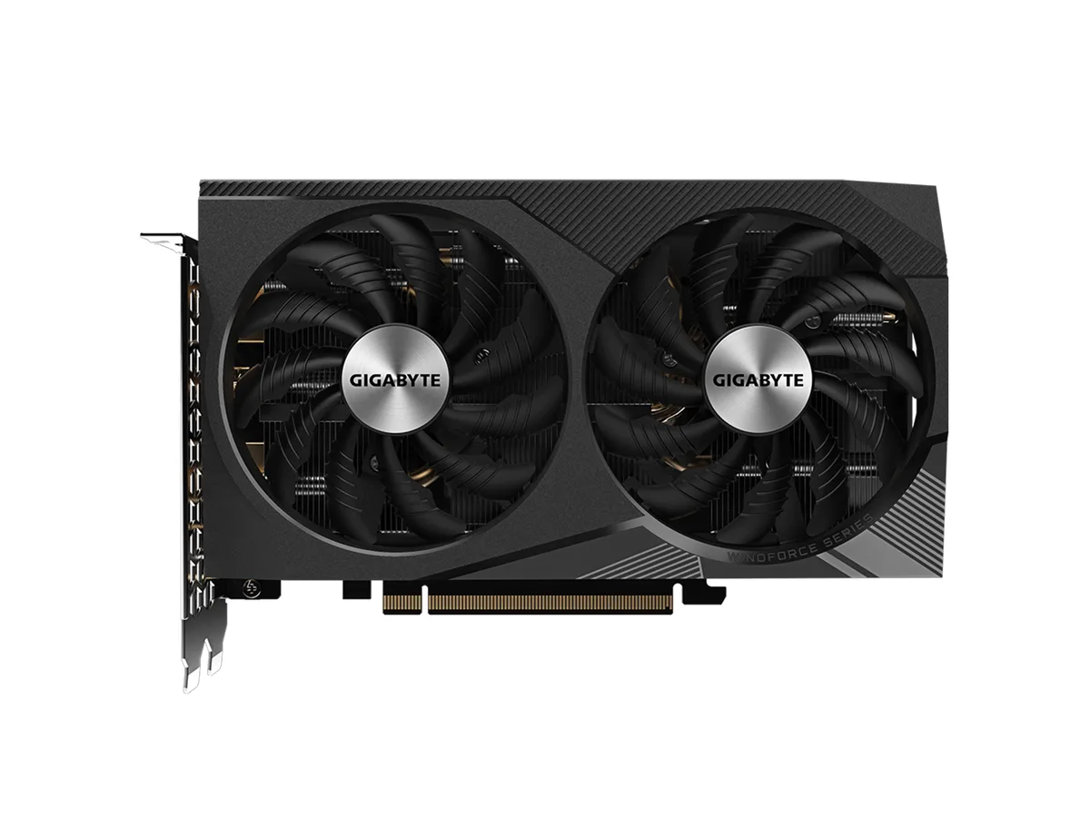 Black graphics card with dual WINDFORCE fans and metal backplate