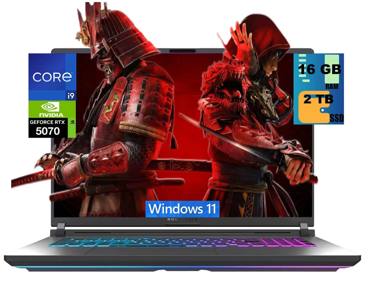 Black 18-inch gaming laptop with RGB keyboard