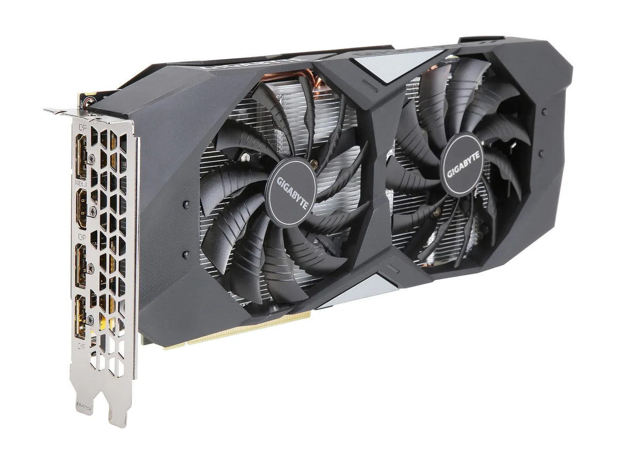 Dual-slot graphics card with two axial fans, silver-grey shroud and black backplate