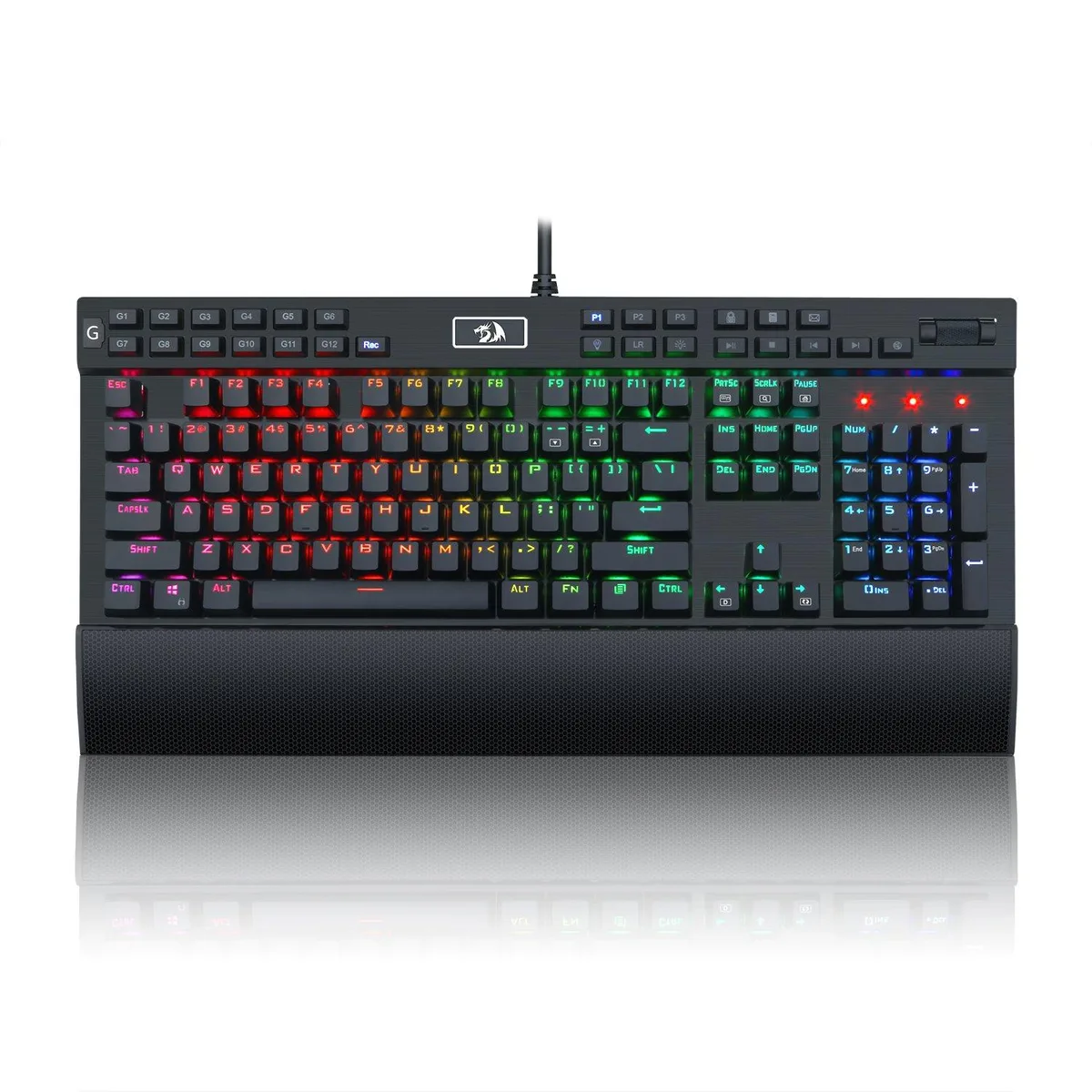 Black wired mechanical keyboard with 104 keys, 12 macro keys, brushed aluminum top plate, RGB backlighting, and detachable wrist rest