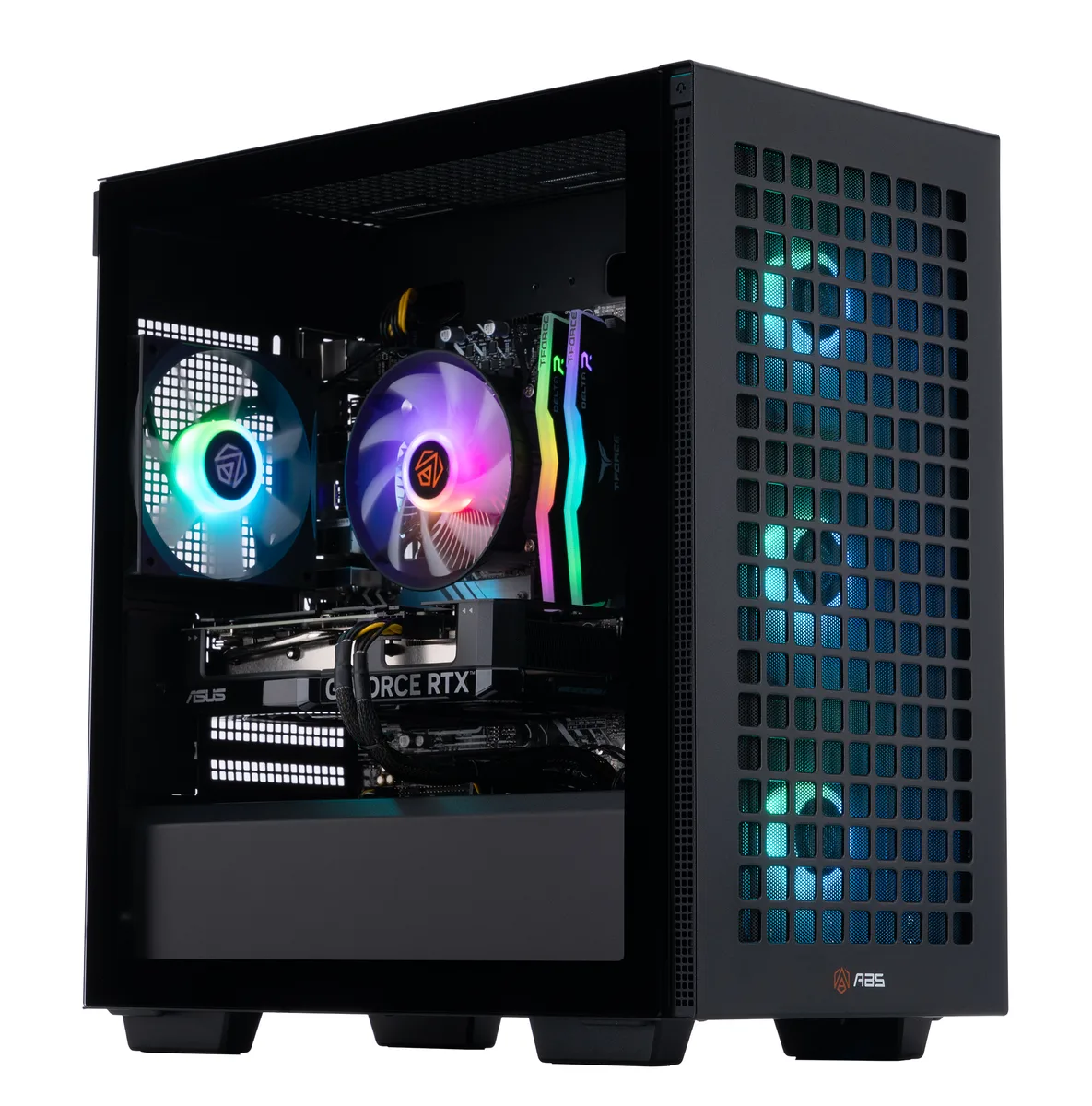 Black mid-tower gaming desktop with RGB-lit interior visible through tempered glass side panel