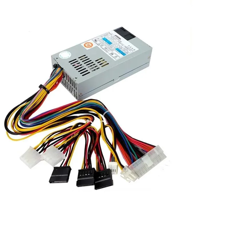 Compact 1U silver metal power supply unit with rear fan grille and cable connectors