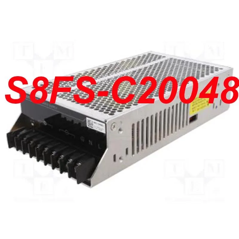 Silver rectangular ATX power supply unit with label showing model S8FS-C20048 200W 48V