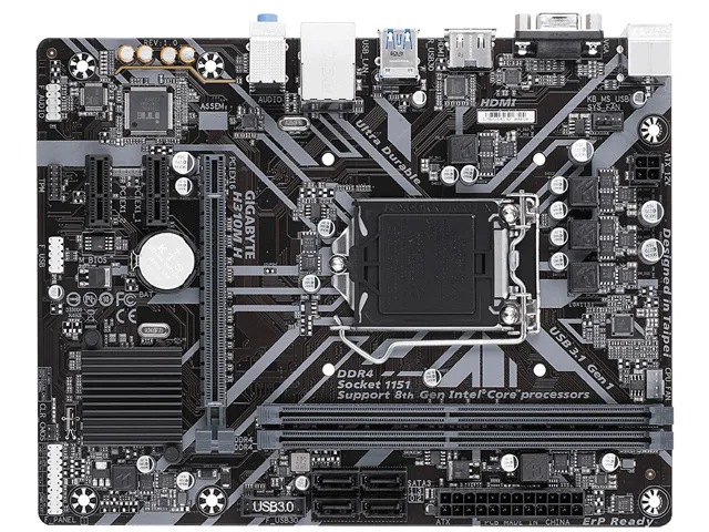 Green Micro ATX board with silver LGA 1151 socket, two black DDR4 slots, blue PCIe x16 slot, two white PCIe x1 slots