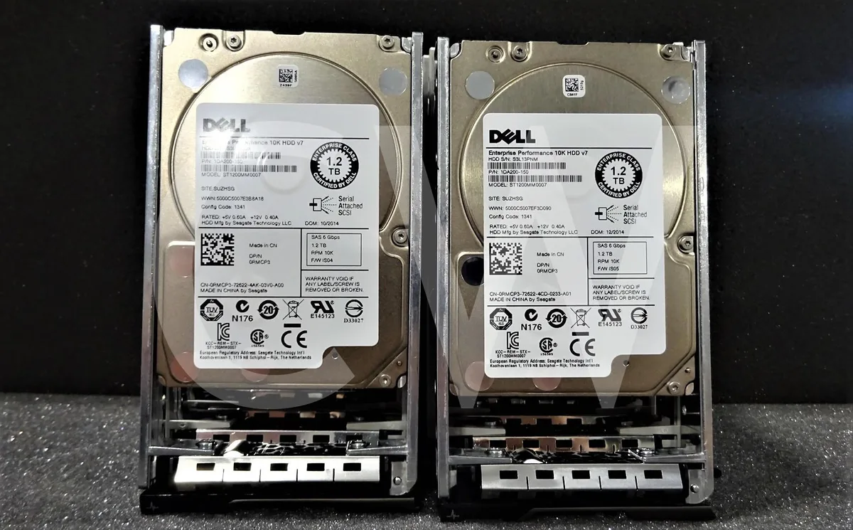 Ten 2.5 inch SAS hard drives with silver trays