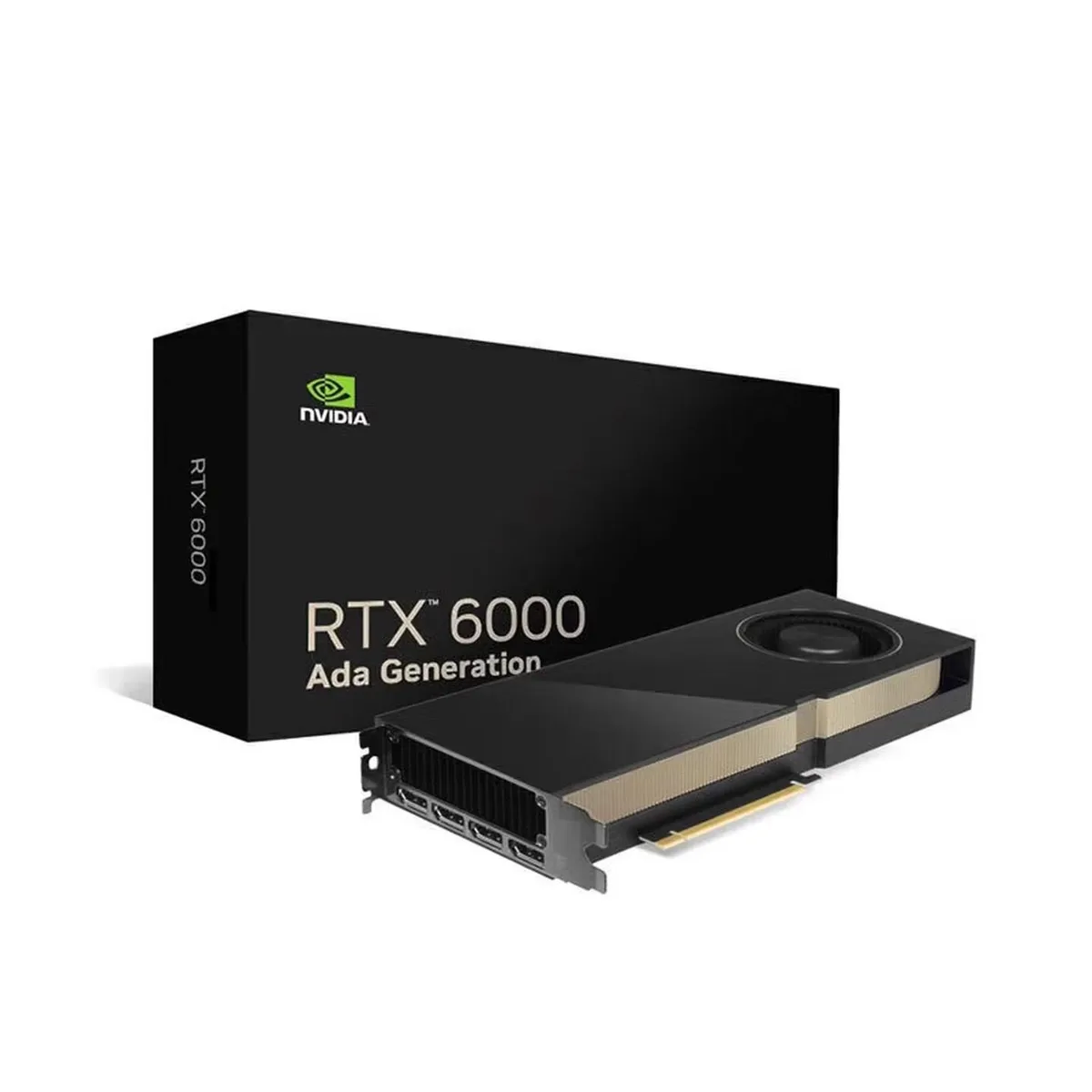 Dual-slot graphics card with single fan cooler, four DisplayPort connectors, matte black finish