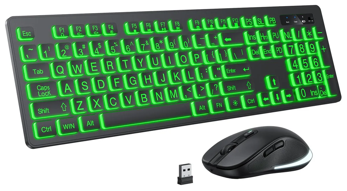 Black full-size wireless keyboard and mouse combo with large-print keys and 7-color backlight