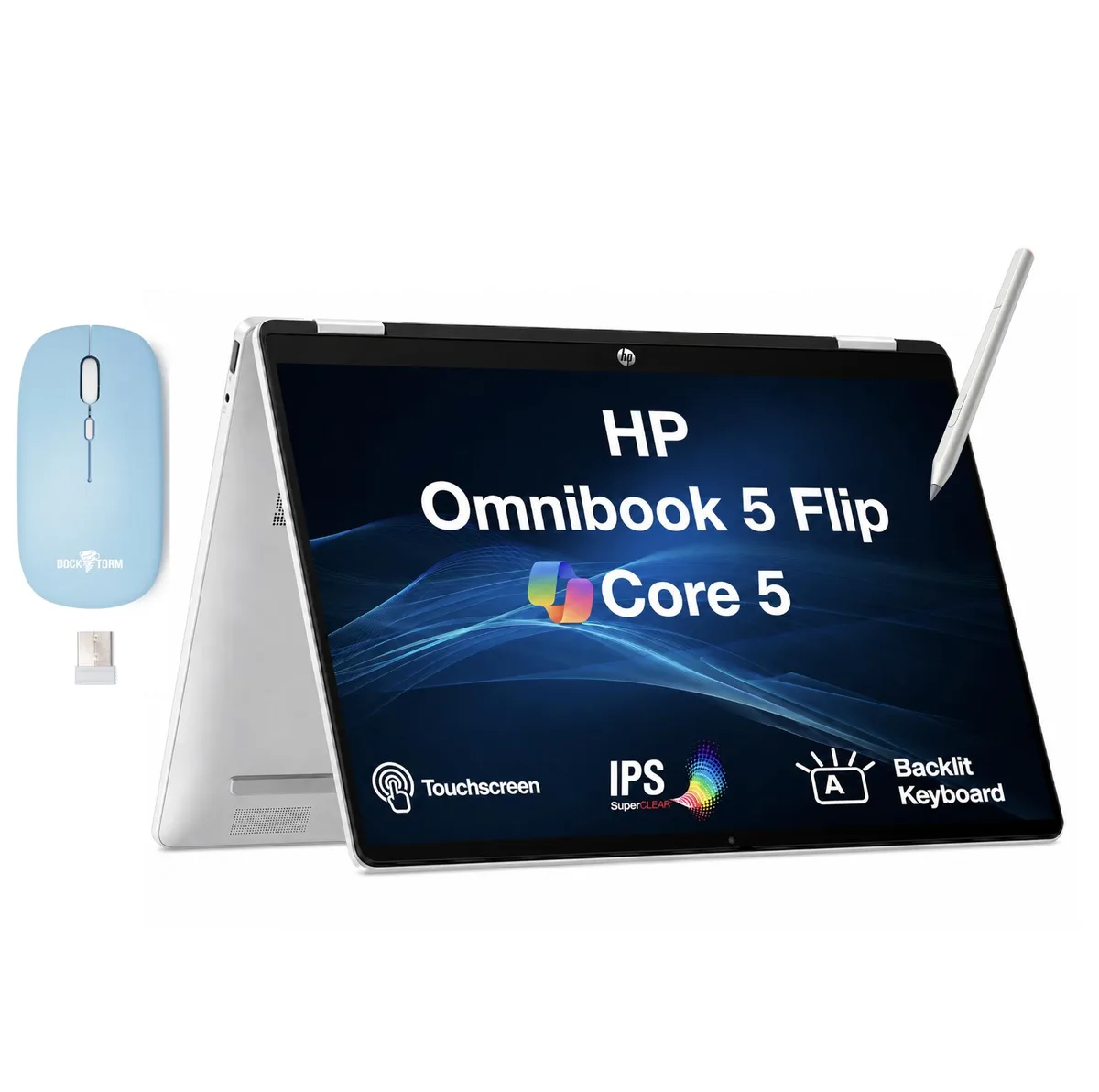Silver 2-in-1 laptop with 14 inch touchscreen, backlit keyboard and active pen