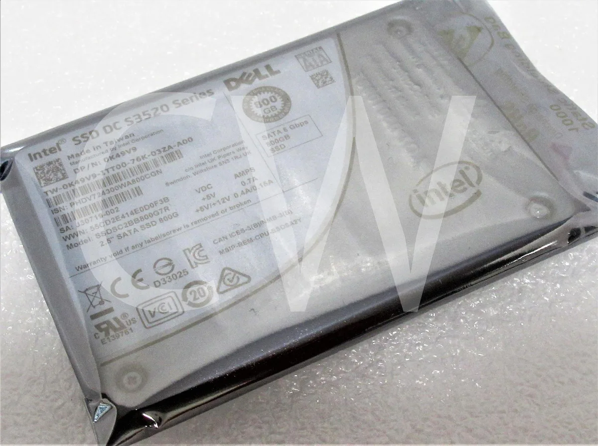 Silver rectangular 2.5 inch SATA solid state drive with label showing Dell S3520 800GB