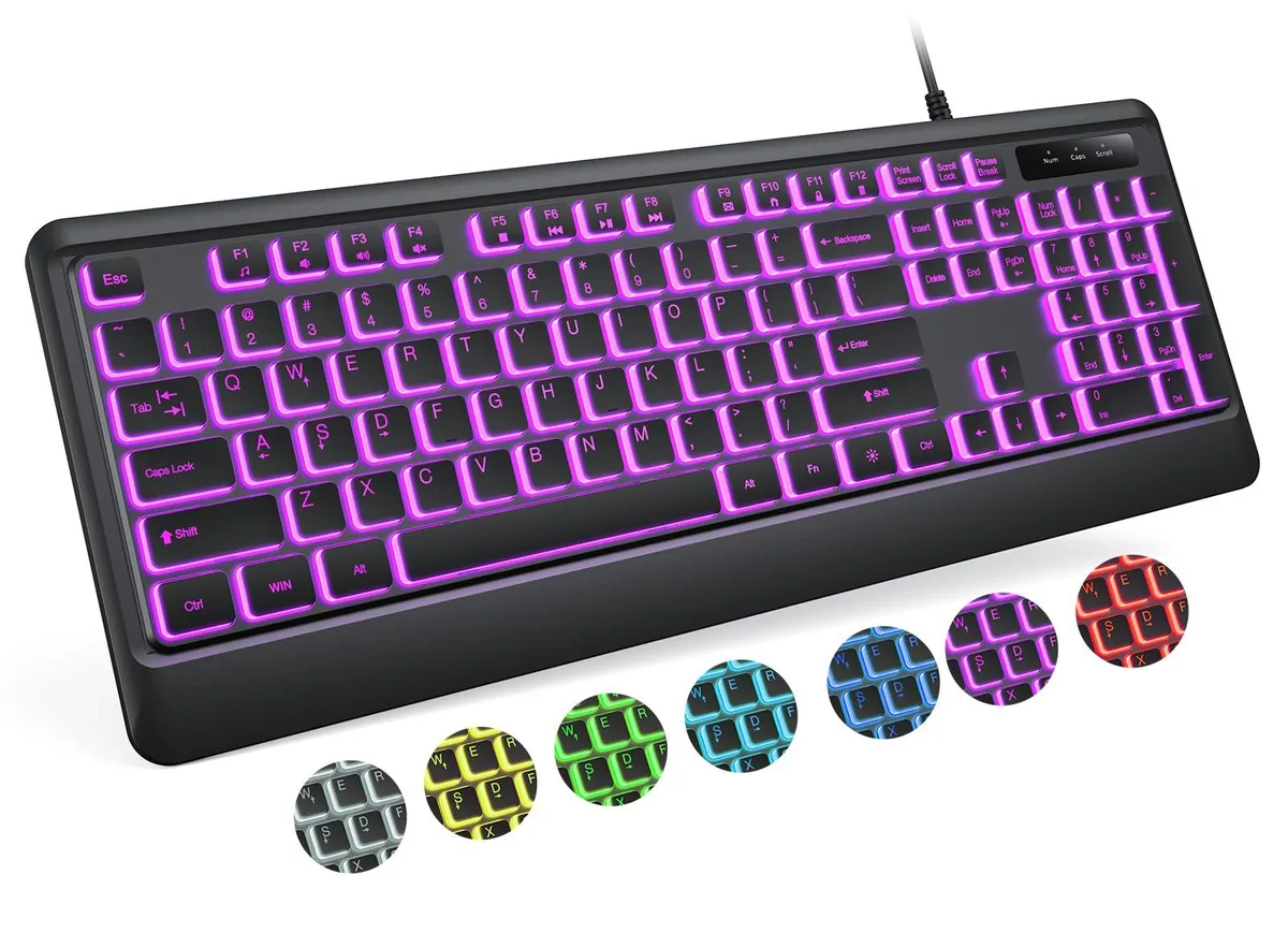 Black full-size wired keyboard with RGB backlighting and foldable stand