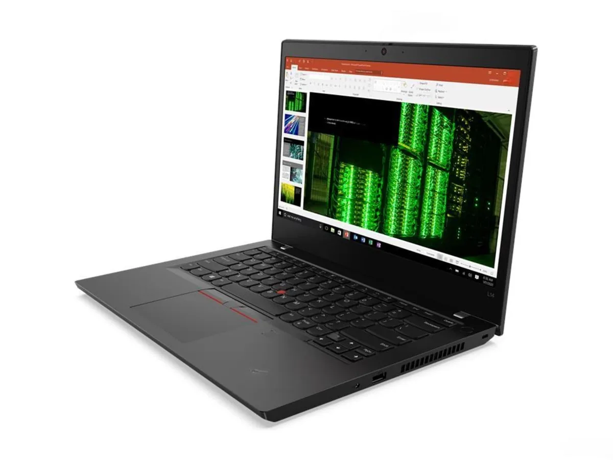 Black ThinkPad L14 Gen 2 AMD laptop closed showing matte finish and red TrackPoint nub