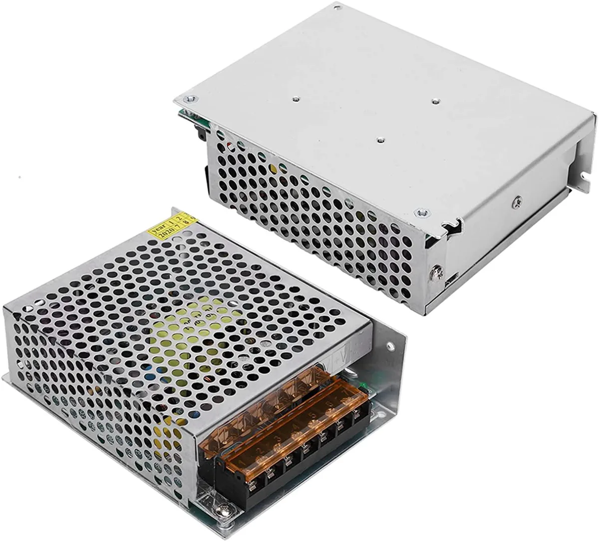 Rectangular aluminium power supply, silver finish, screw terminals visible