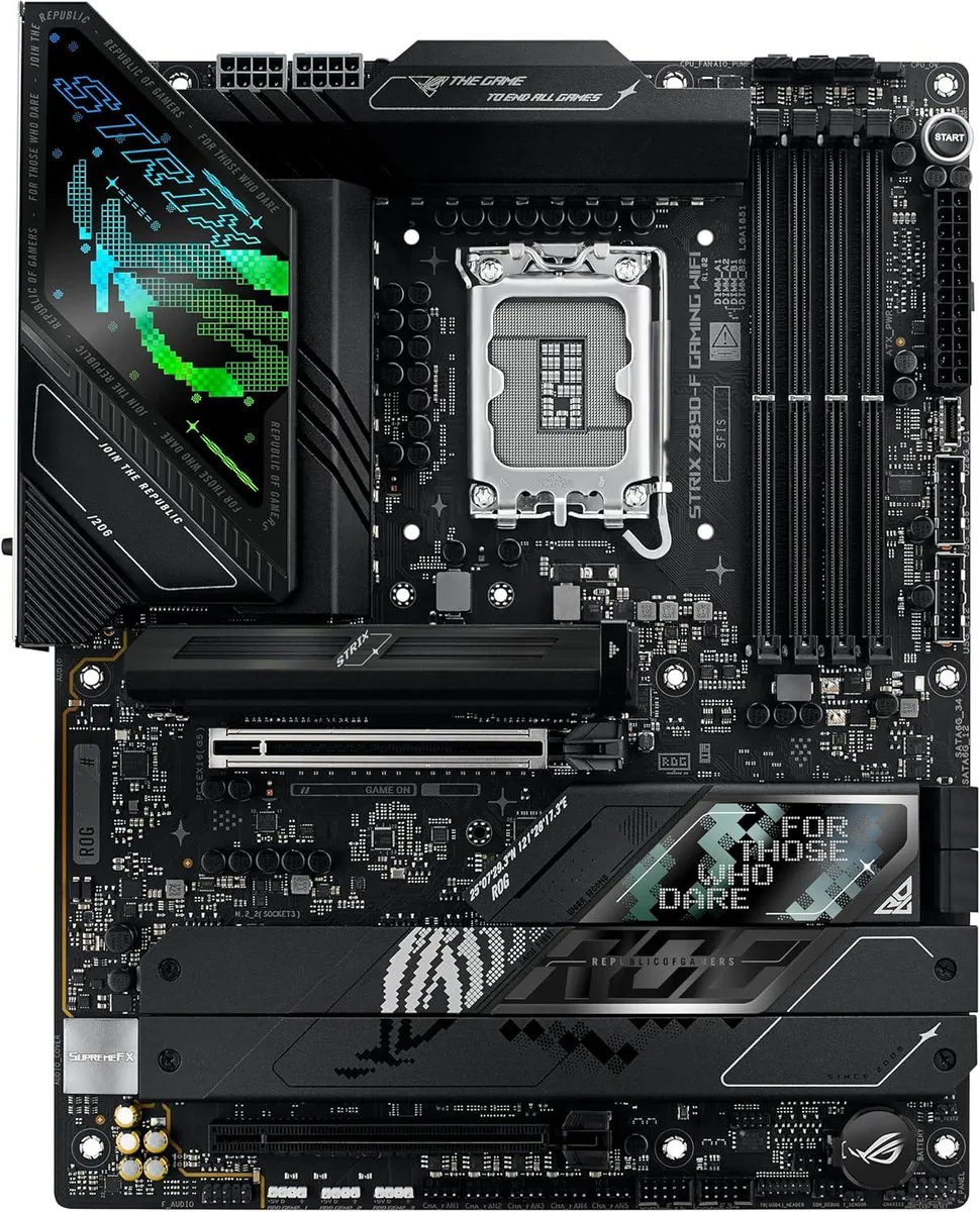 Black ATX motherboard with silver heatsinks and ROG branding