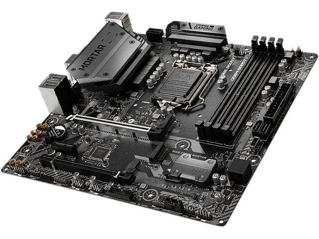 Dark grey micro ATX motherboard with black heatsinks and reinforced PCIe slots