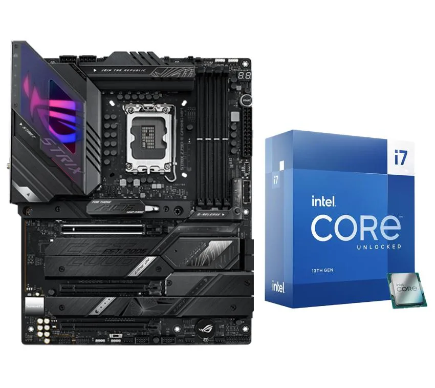 Intel Intel Core i7-13700K desktop processor and ASUS ROG Strix Z790-E Gaming WiFi 6E DDR5 LGA 1700 — product photo