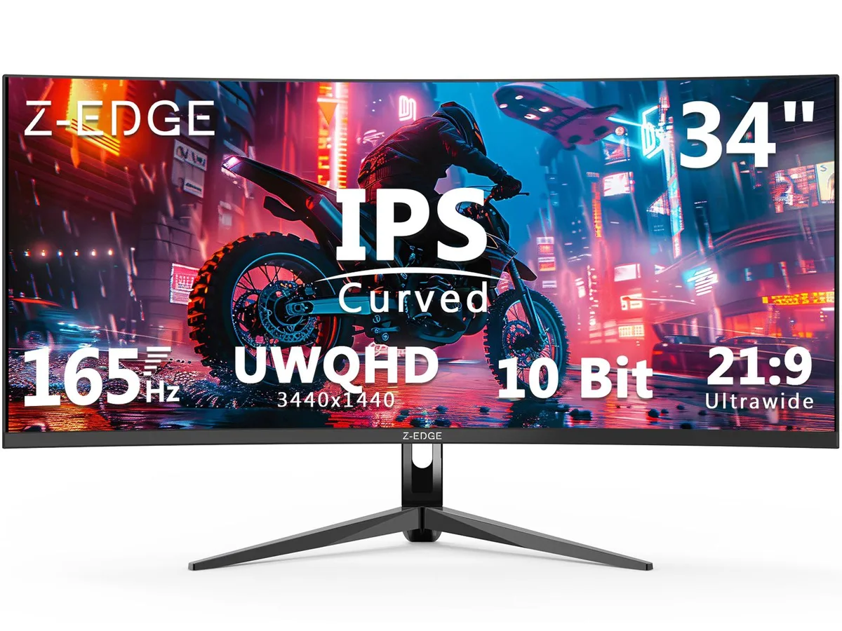 Black 34-inch curved ultrawide gaming monitor with three-sided thin bezels on a tilt stand