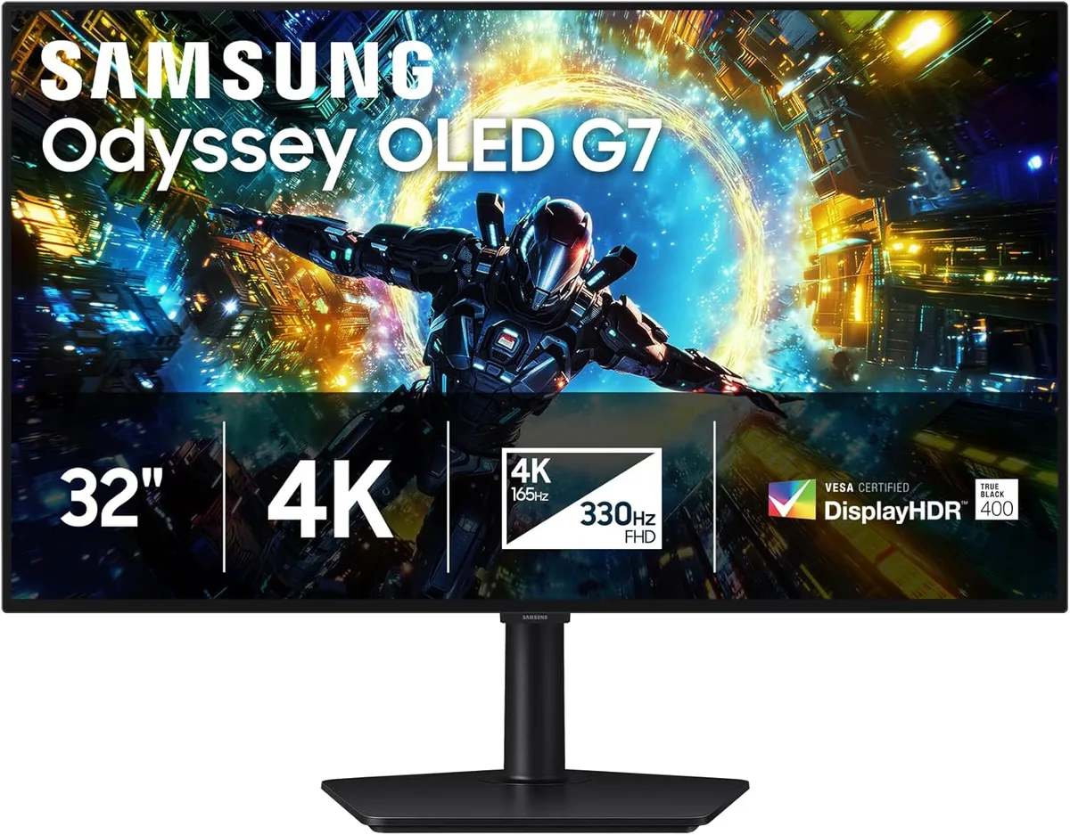 Black 32-inch flat OLED gaming monitor on height swivel pivot tilt stand
