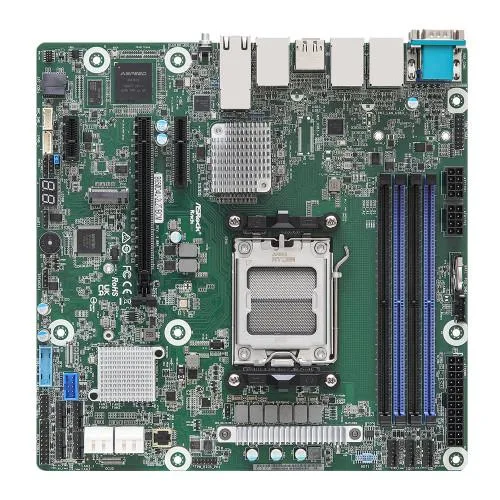Green Micro-ATX server motherboard with silver sockets and black heatsinks