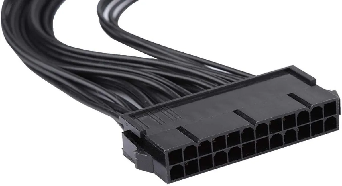 Black AT dual PSU adapter cable with 24-pin 20+4 main and two secondary connectors, 85cm length