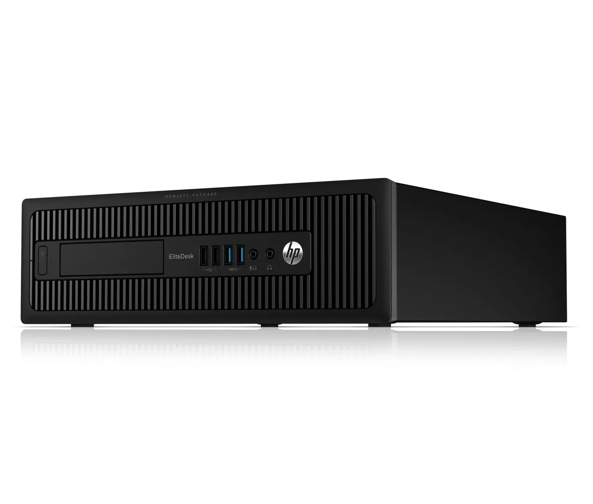 Compact black small-form-factor desktop tower with front panel ports and vents