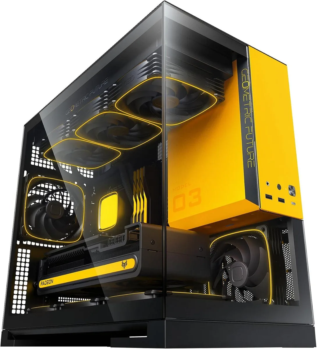Black and yellow micro-ATX tower with dual tempered glass panels and five pre-installed 120mm ARGB fans
