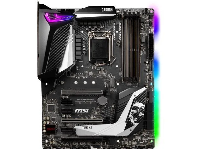 Black ATX motherboard with carbon-fibre finish, silver heatsinks, four DDR4 slots and reinforced PCIe slots